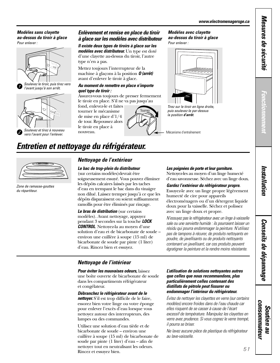 Entretien et nettoyage du réfrigérateur, Entretien et nettoyage du réfrigérateur , 52 | GE 25 and 27 User Manual | Page 51 / 108