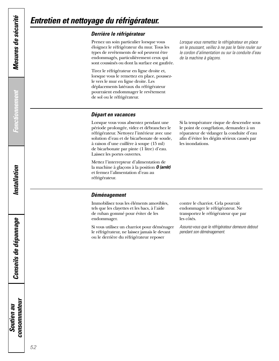 Entretien et nettoyage du réfrigérateur | GE 25 and 27 User Manual | Page 52 / 108