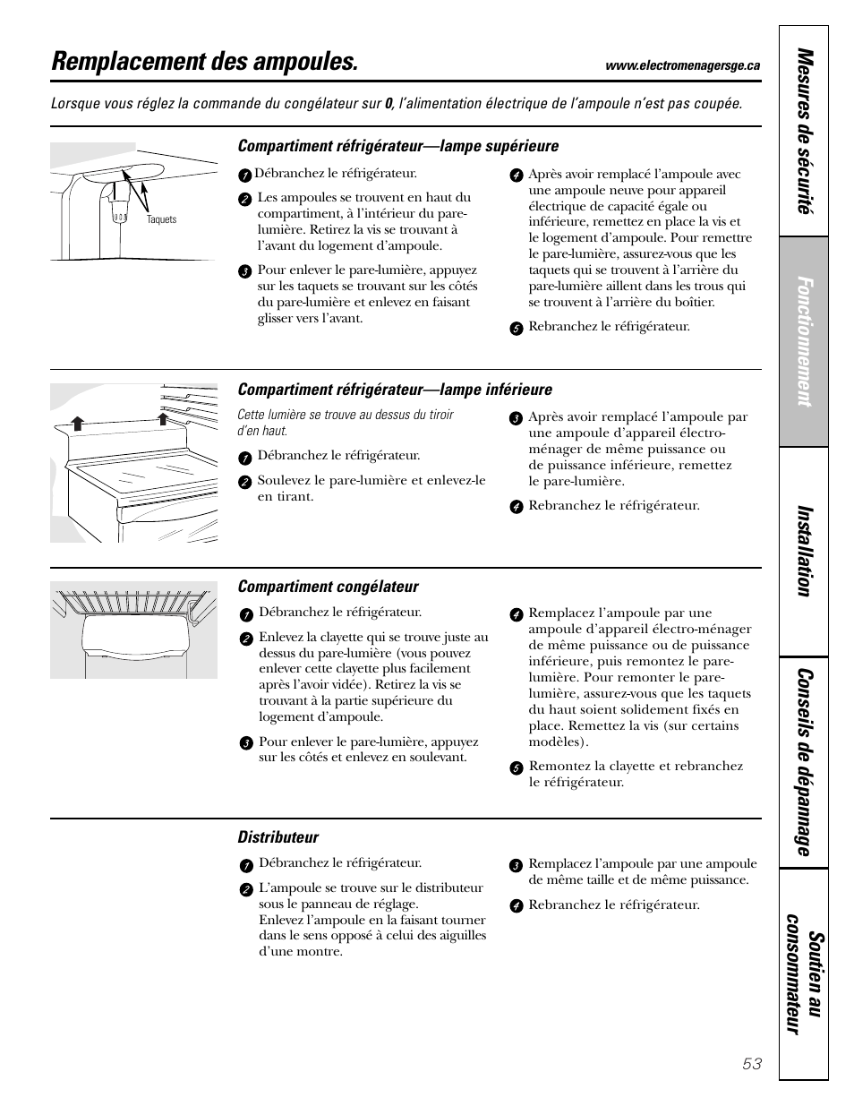 Remplacement des ampoules | GE 25 and 27 User Manual | Page 53 / 108