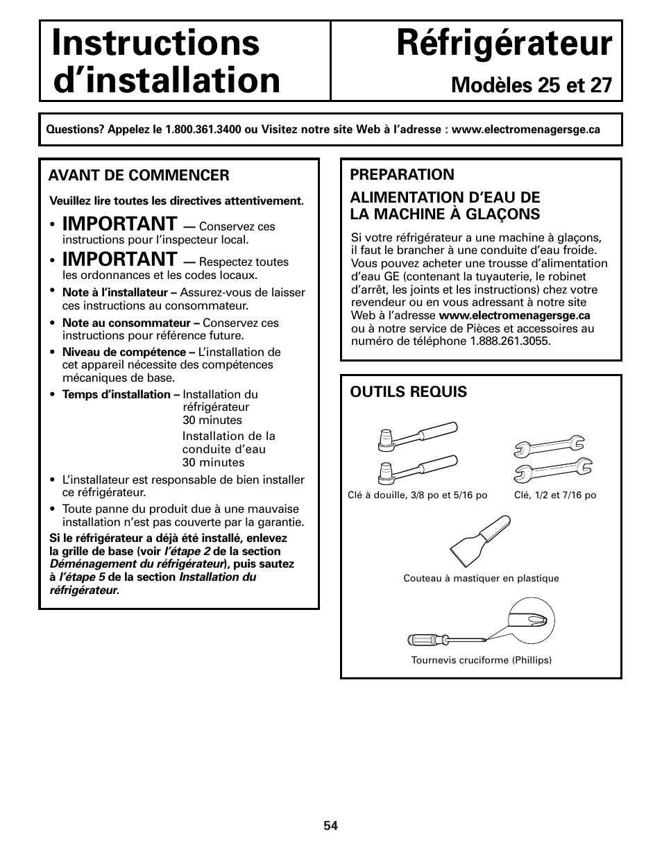 Préparation, Instructions réfrigérateur d’installation, Modèles 25 et 27 | Important | GE 25 and 27 User Manual | Page 54 / 108