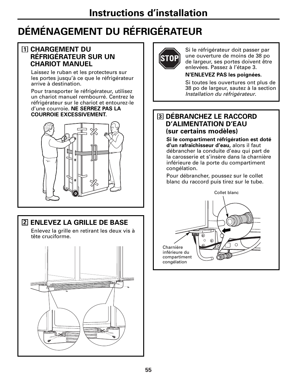 Déménagement du réfrigérateur, Déménagement du réfrigérateur –58, Instructions d’installation | GE 25 and 27 User Manual | Page 55 / 108