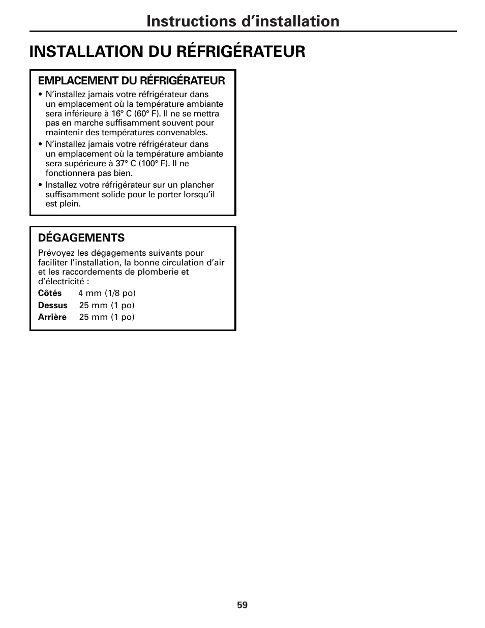 Installation du réfrigérateur, Installation du réfrigérateur –62 | GE 25 and 27 User Manual | Page 59 / 108