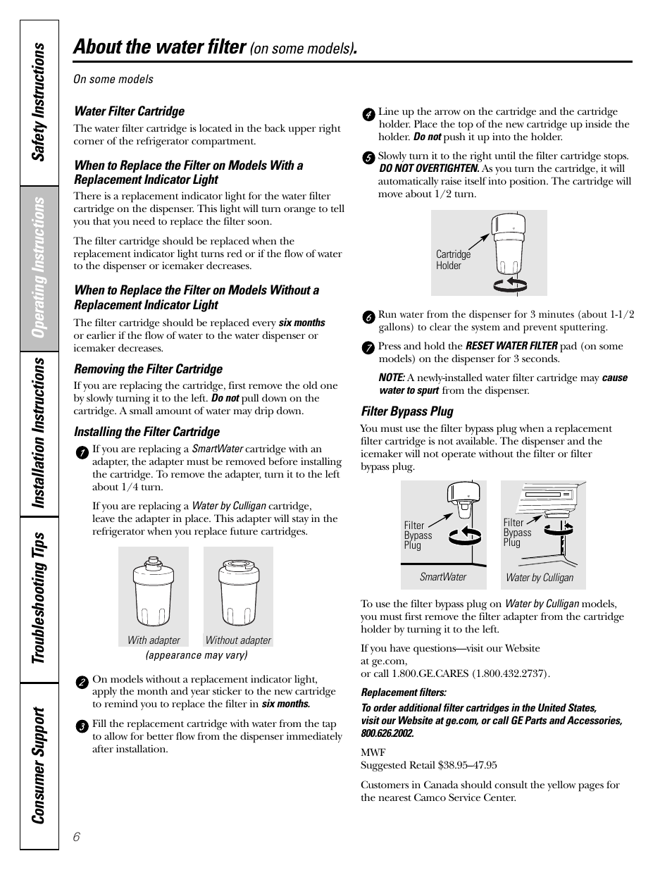 Water filter, About the water filter, On some models) | GE 25 and 27 User Manual | Page 6 / 108