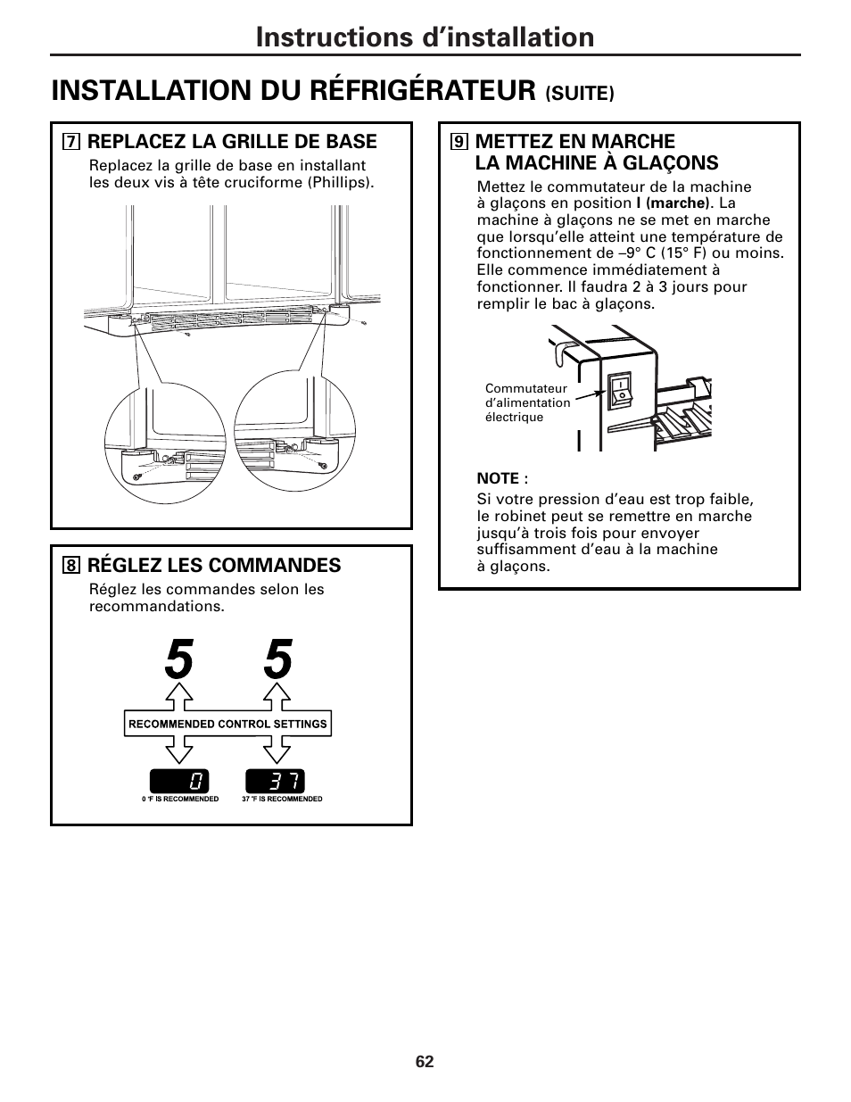 Instructions d’installation, Installation du réfrigérateur | GE 25 and 27 User Manual | Page 62 / 108