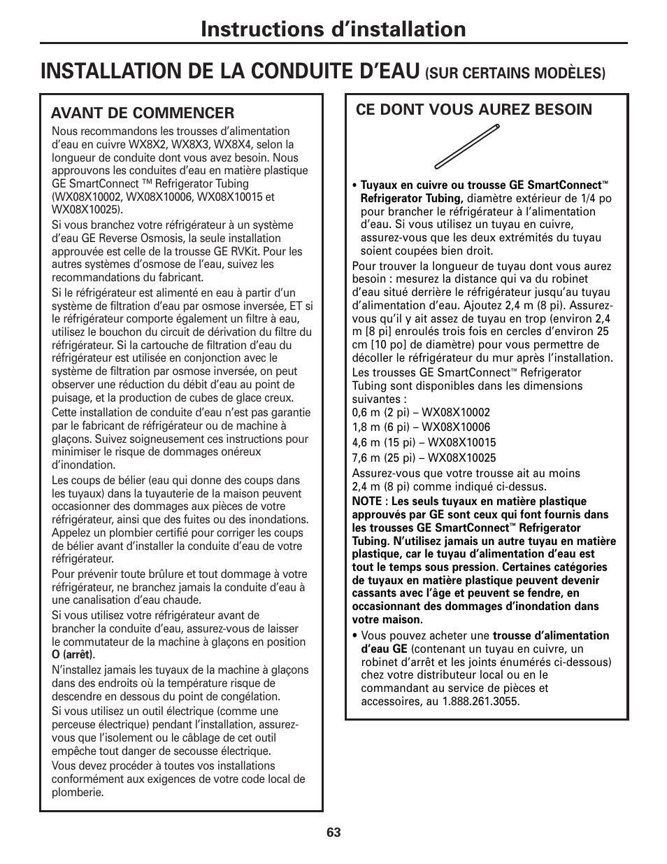 Installation de la conduite d’eau, Installation de la conduite d’eau –65, Instructions d’installation | GE 25 and 27 User Manual | Page 63 / 108