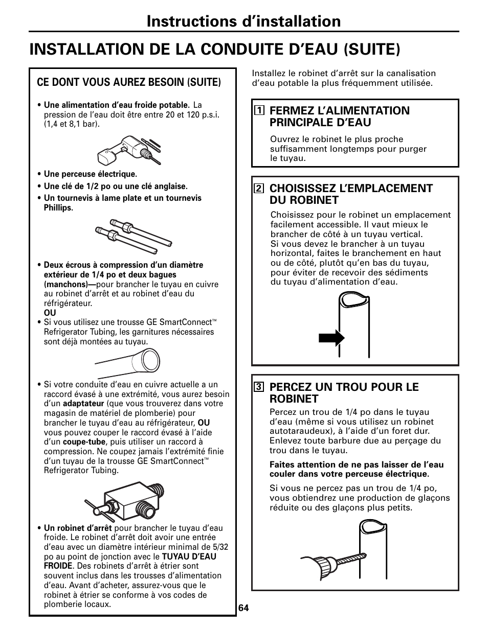 Instructions d’installation, Installation de la conduite d’eau (suite) | GE 25 and 27 User Manual | Page 64 / 108