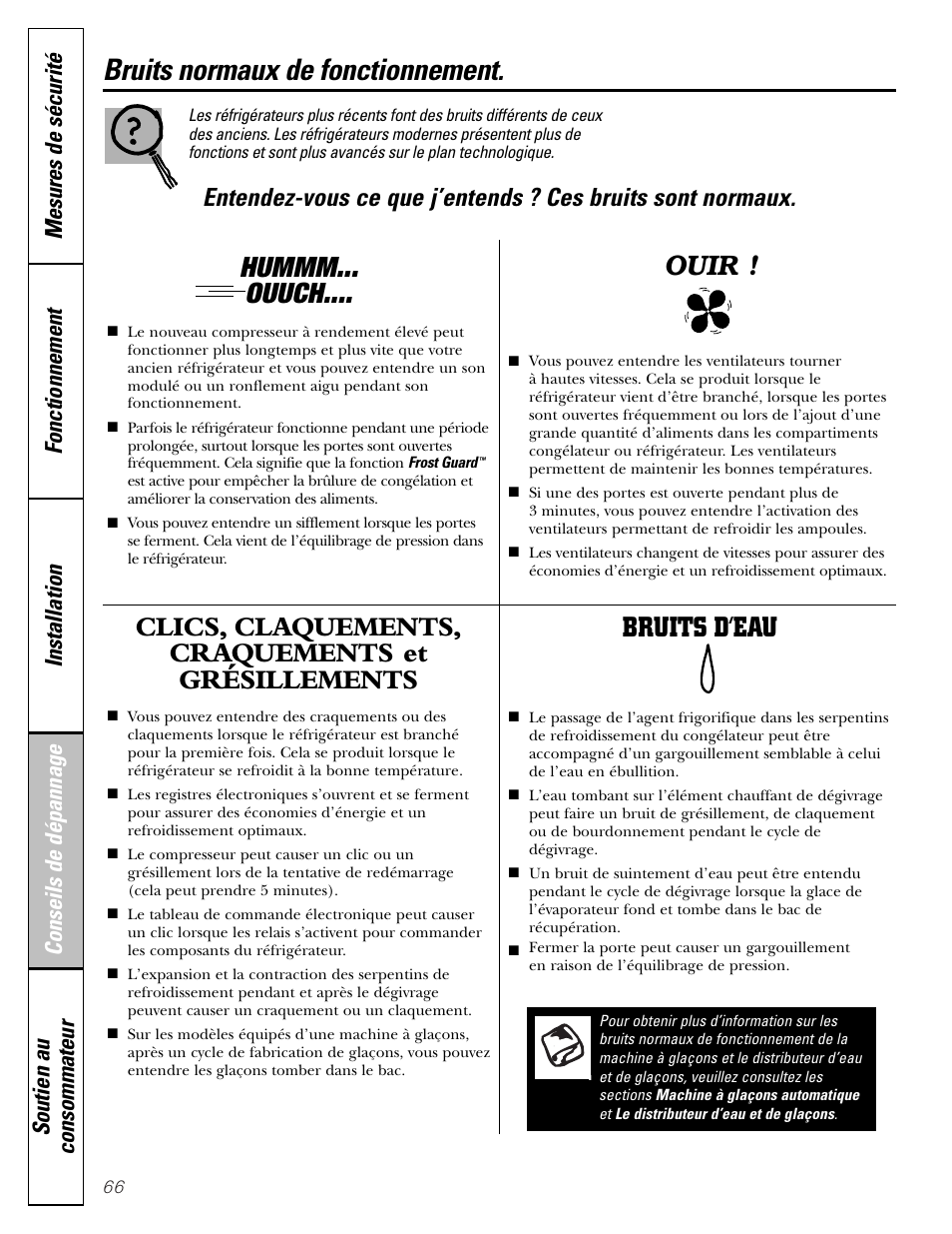 Conseils de dépannage, Bruits de fonctionnement normaux, Bruits normaux de fonctionnement | Hummm... ouuch, Clics, claquements, craquements et grésillements, Bruits d’eau, Ouir | GE 25 and 27 User Manual | Page 66 / 108