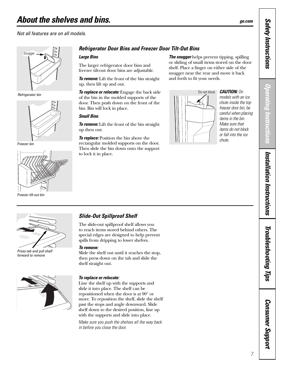 Shelves and bins, Shelves and bins , 8, About the shelves and bins | GE 25 and 27 User Manual | Page 7 / 108