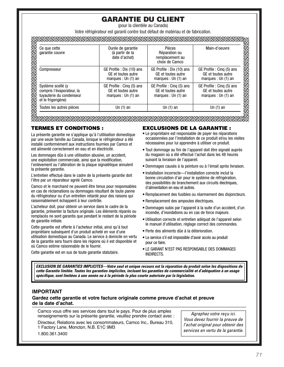 Garantie pour la clientèle au canada, Garantie du client | GE 25 and 27 User Manual | Page 71 / 108