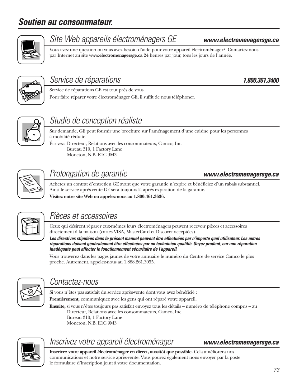 Soutien au consommateur, Service de réparations, Studio de conception réaliste | Prolongation de garantie, Pièces et accessoires, Contactez-nous, Inscrivez votre appareil électroménager | GE 25 and 27 User Manual | Page 73 / 108