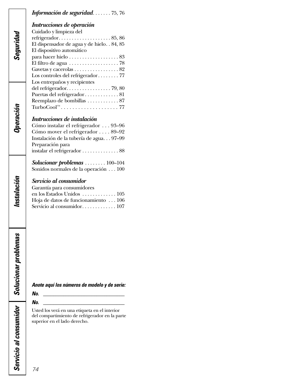 Español, Instrucciones de operación, Instrucciones de instalación | Servicio al consumidor | GE 25 and 27 User Manual | Page 74 / 108
