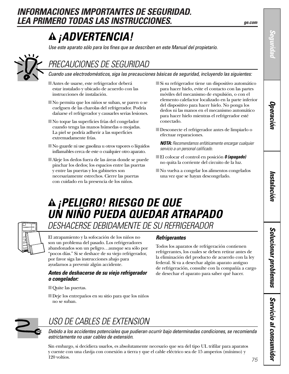 Información de seguridad, Advertencia, Precauciones de seguridad | Deshacerse debidamente de su refrigerador, Uso de cables de extension | GE 25 and 27 User Manual | Page 75 / 108