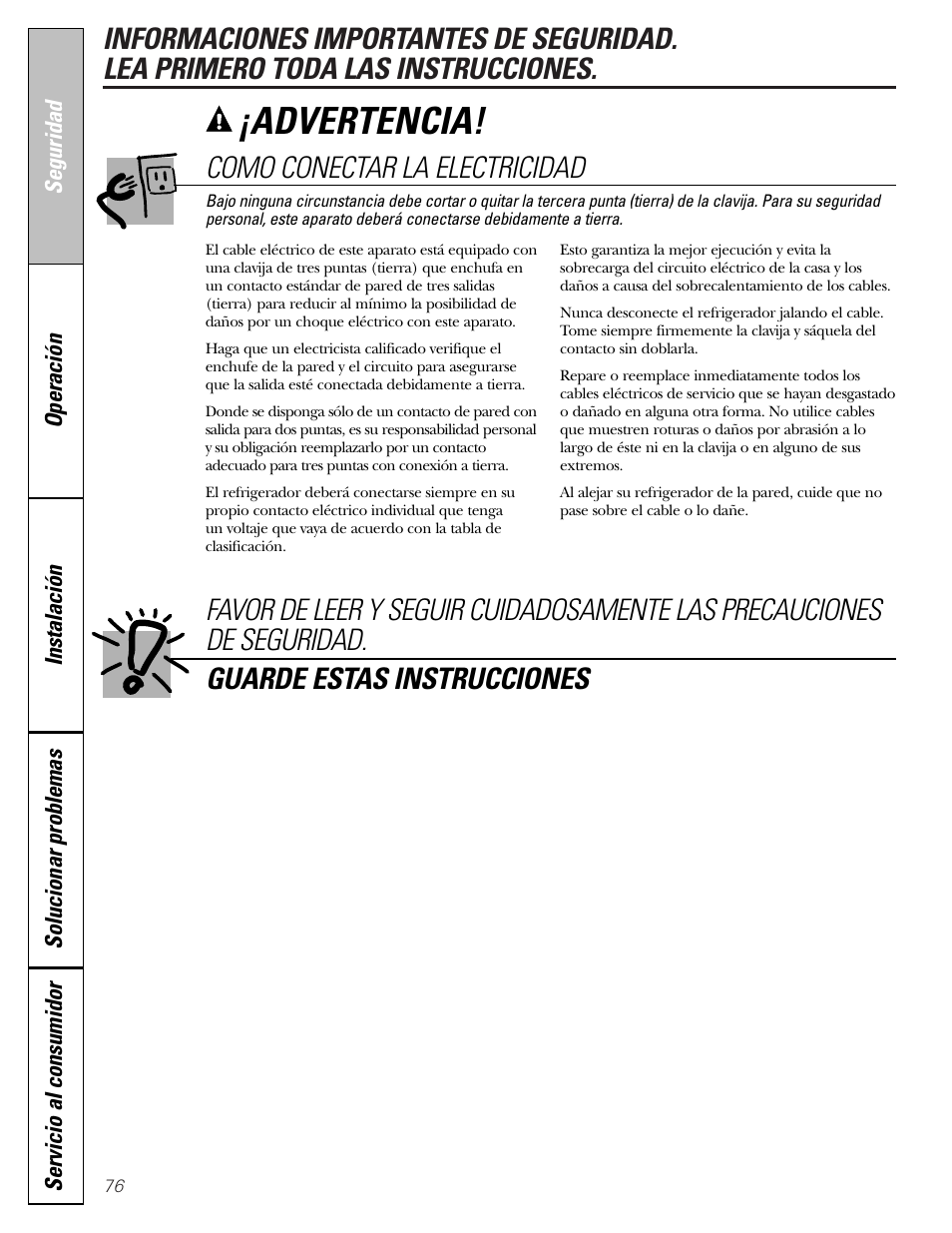 Advertencia, Como conectar la electricidad | GE 25 and 27 User Manual | Page 76 / 108