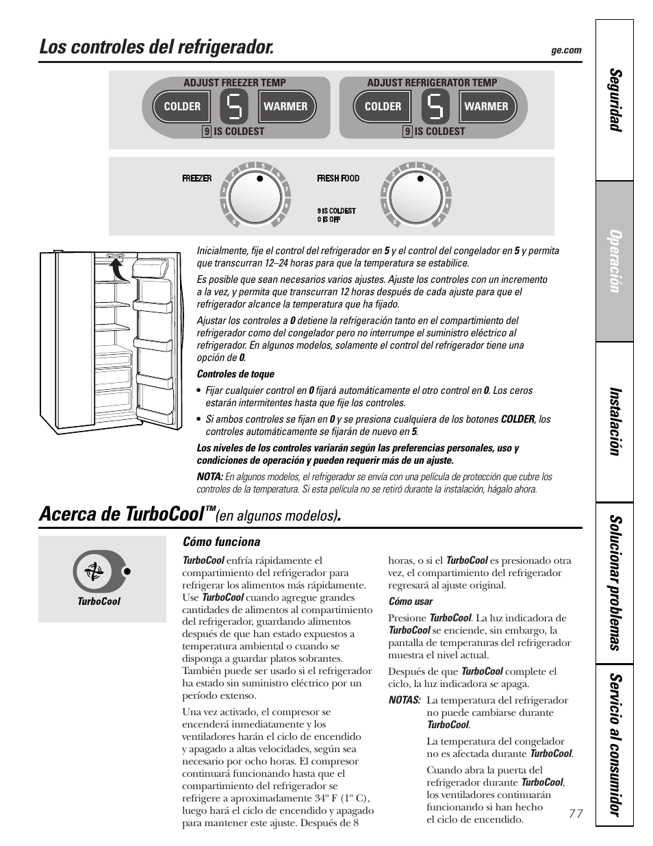Los controles del refrigerador, Turbocool, Acerca de turbocool | En algunos modelos) | GE 25 and 27 User Manual | Page 77 / 108