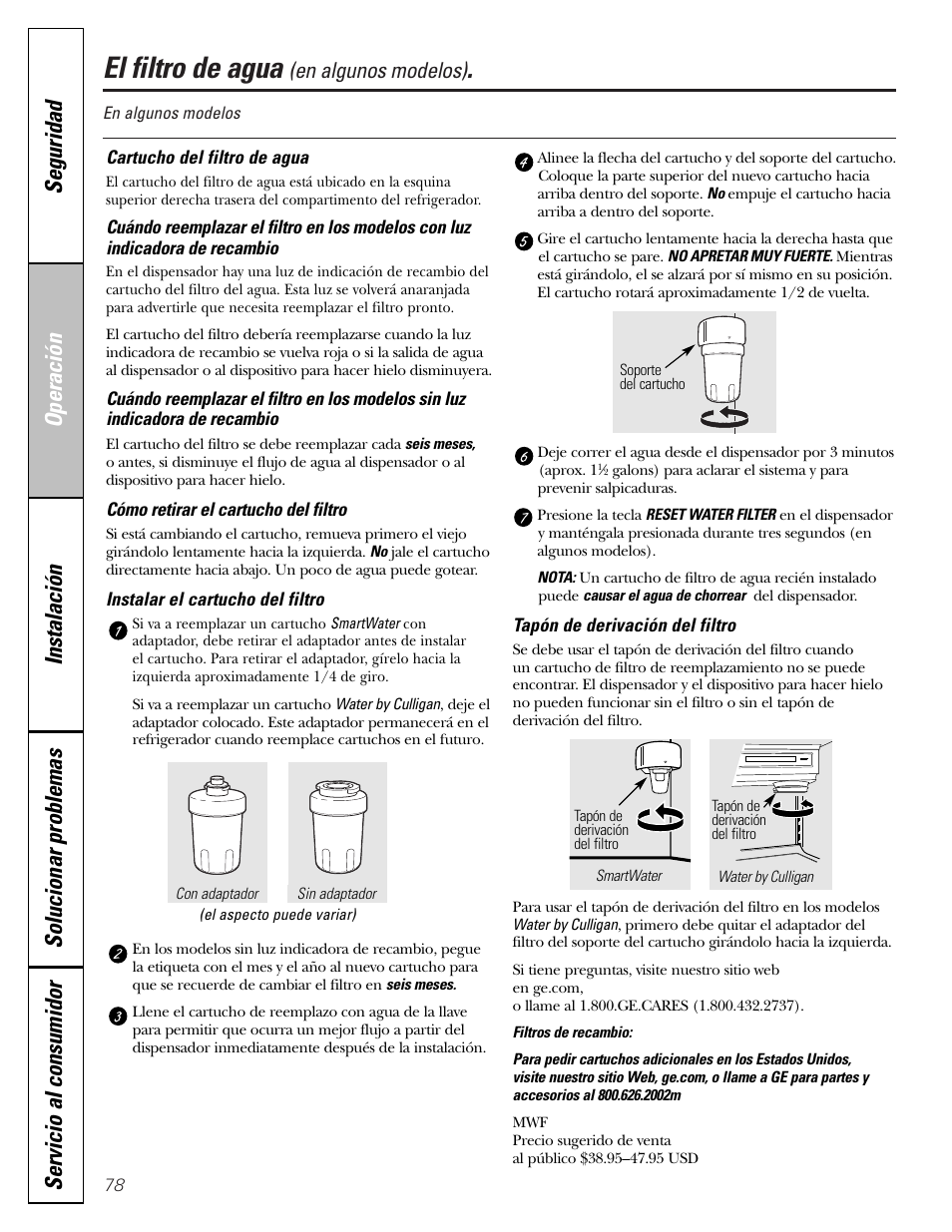 El filtro de agua, En algunos modelos) | GE 25 and 27 User Manual | Page 78 / 108