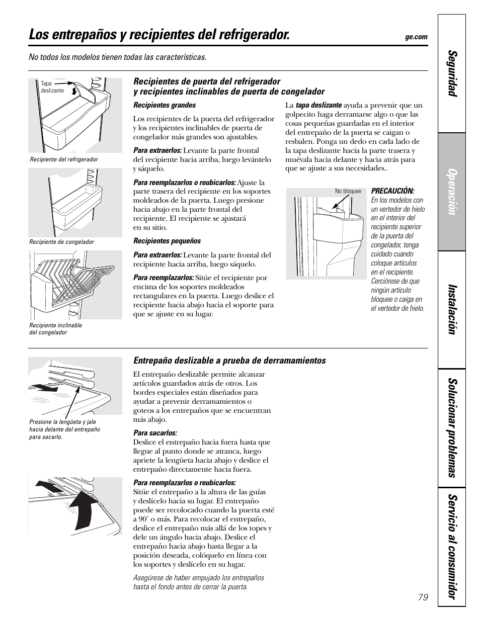 Los entrepaños y recipientes del refrigerador, Los entrepaños y recipientes del refrigerador , 80 | GE 25 and 27 User Manual | Page 79 / 108