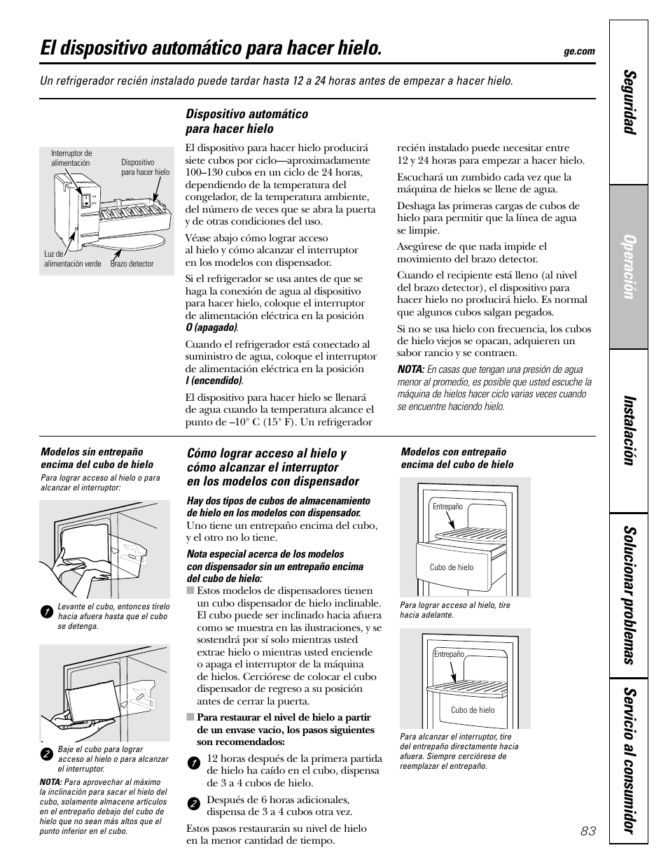 El dispositivo automático para hacer hielo | GE 25 and 27 User Manual | Page 83 / 108