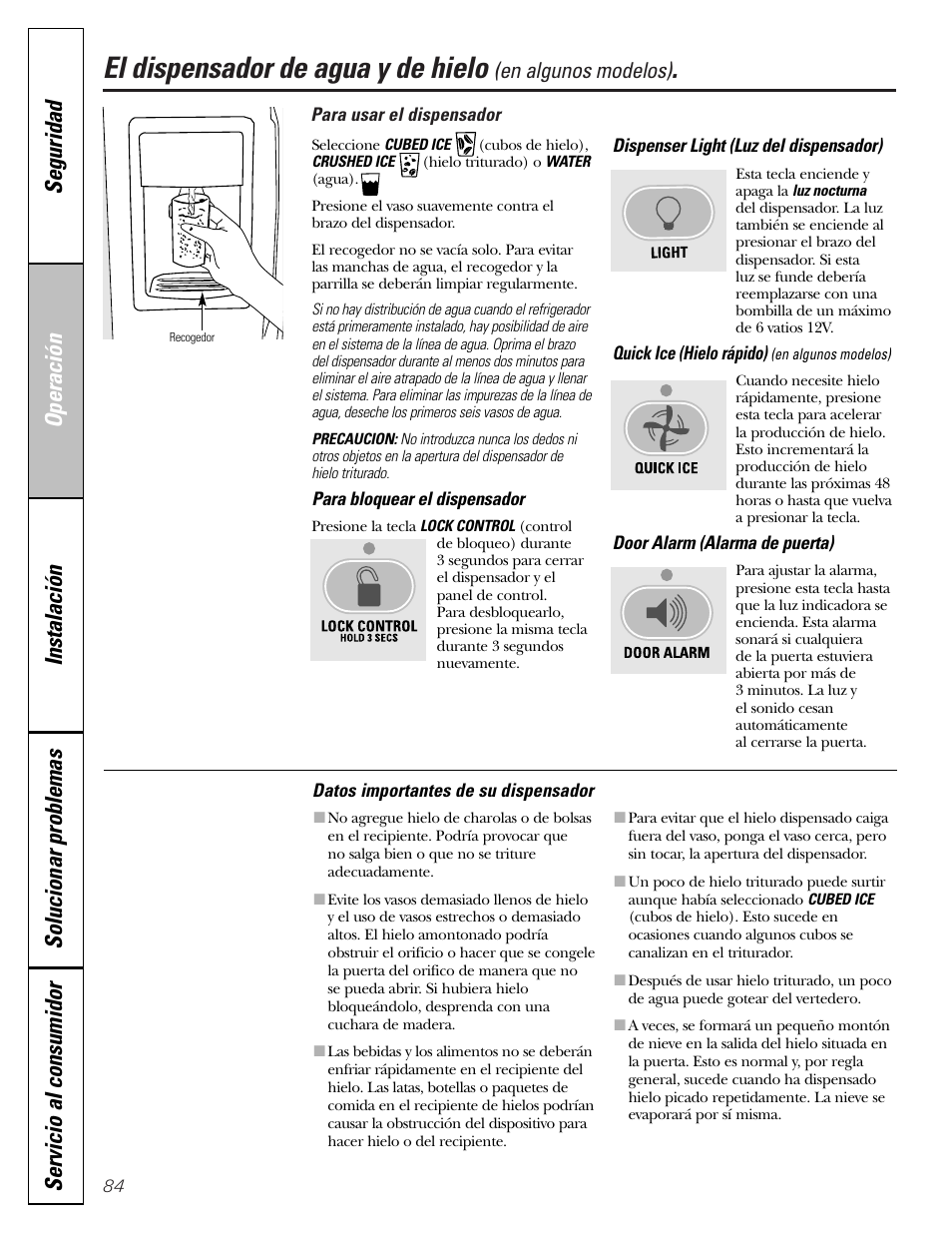 El dispensador de agua y de hielo, El dispensador de agua y de hielo , 85 | GE 25 and 27 User Manual | Page 84 / 108