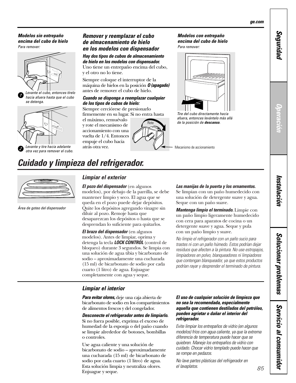 Cuidado y limpieza del refrigerador, Cuidado y limpieza del refrigerador , 86 | GE 25 and 27 User Manual | Page 85 / 108
