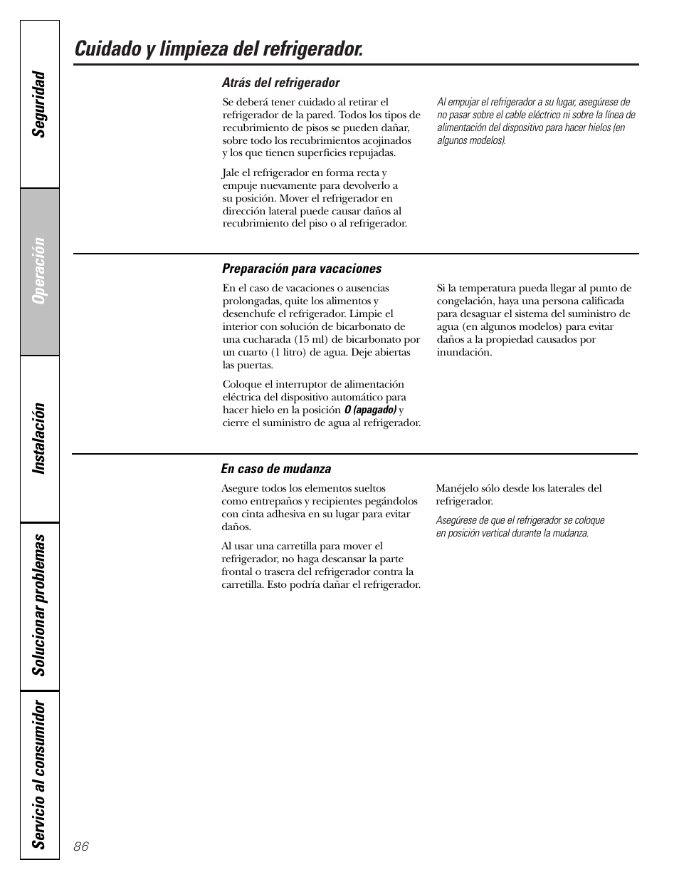 Cuidado y limpieza del refrigerador | GE 25 and 27 User Manual | Page 86 / 108