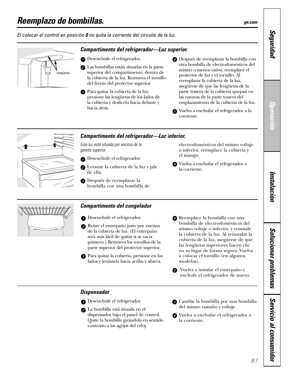 Reemplazo de bombillas | GE 25 and 27 User Manual | Page 87 / 108