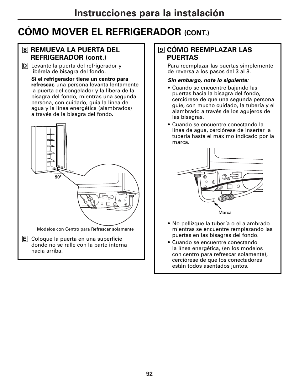 Instrucciones para la instalación, Cómo mover el refrigerador | GE 25 and 27 User Manual | Page 92 / 108