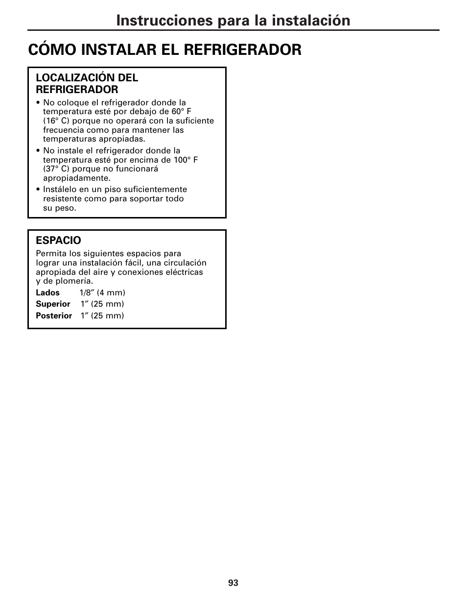 Cómo instalar el refrigerador, Cómo instalar el refrigerador –96 | GE 25 and 27 User Manual | Page 93 / 108