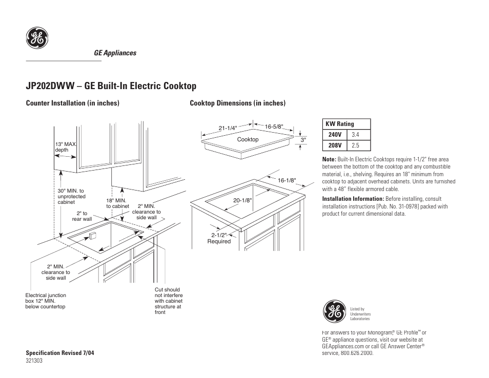 GE JP202DWW User Manual | 2 pages