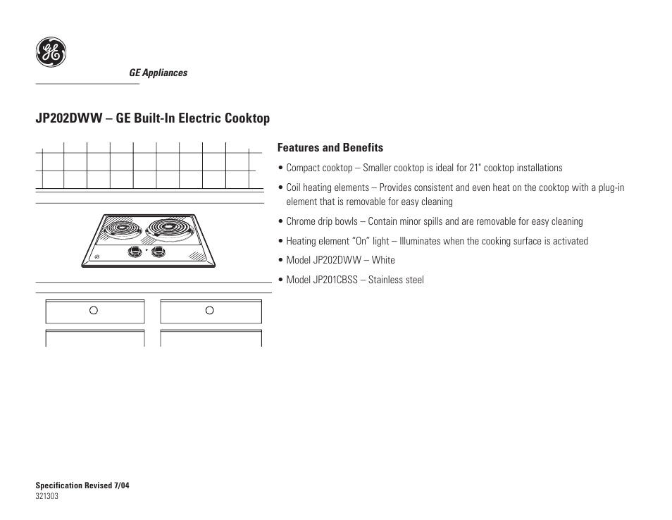Jp202dww – ge built-in electric cooktop, Features and benefits | GE JP202DWW User Manual | Page 2 / 2