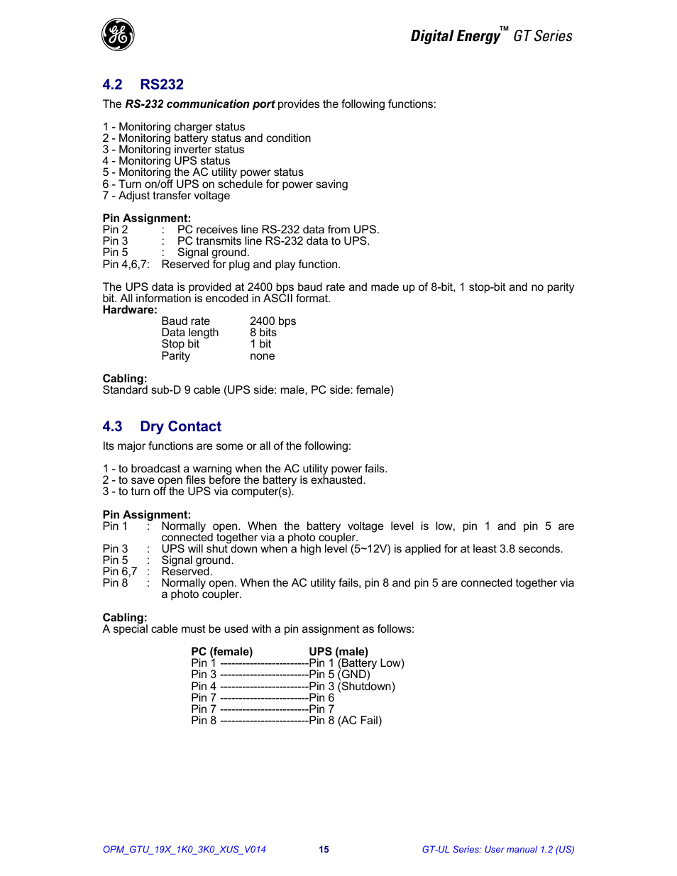 Digital energy, Gt series, 2 rs232 | 3 dry contact | GE Industrial Solutions Digital Energy GT Series 1-3kVA - Rack Mount User Manual | Page 16 / 21
