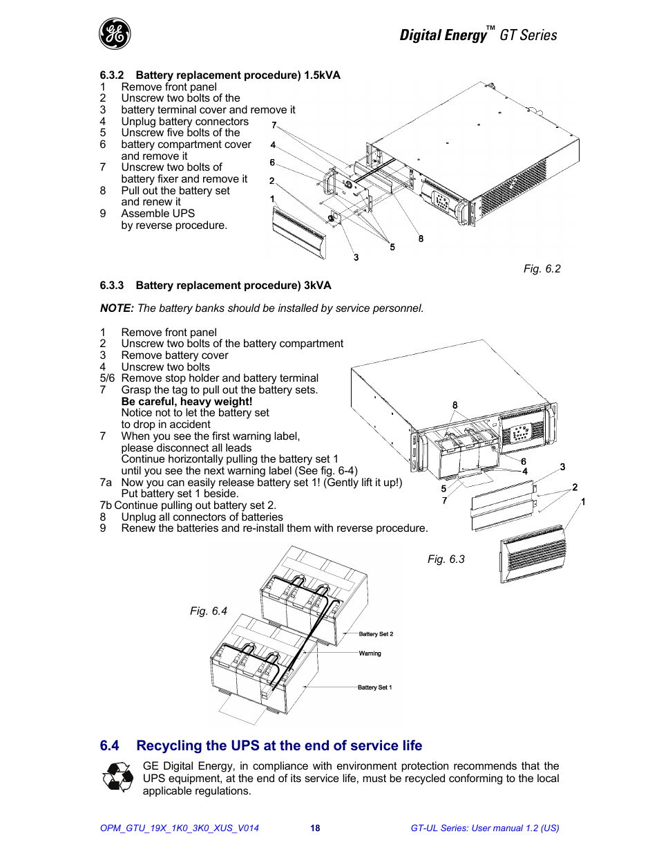Digital energy, Gt series, 4 recycling the ups at the end of service life | GE Industrial Solutions Digital Energy GT Series 1-3kVA - Rack Mount User Manual | Page 19 / 21
