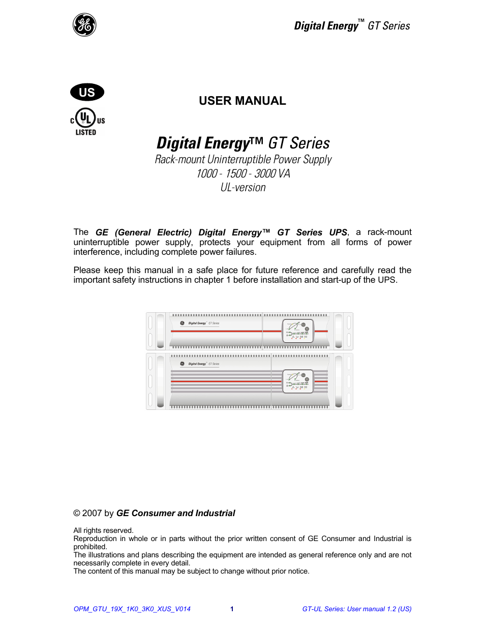 Digital energy™ gt series, User manual, Digital energy | Gt series | GE Industrial Solutions Digital Energy GT Series 1-3kVA - Rack Mount User Manual | Page 2 / 21