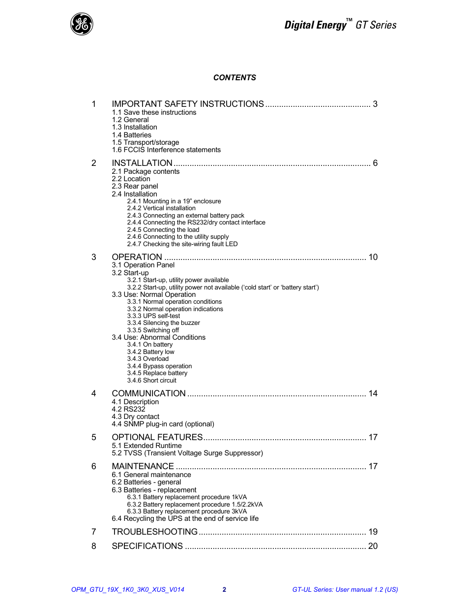 Digital energy, Gt series | GE Industrial Solutions Digital Energy GT Series 1-3kVA - Rack Mount User Manual | Page 3 / 21