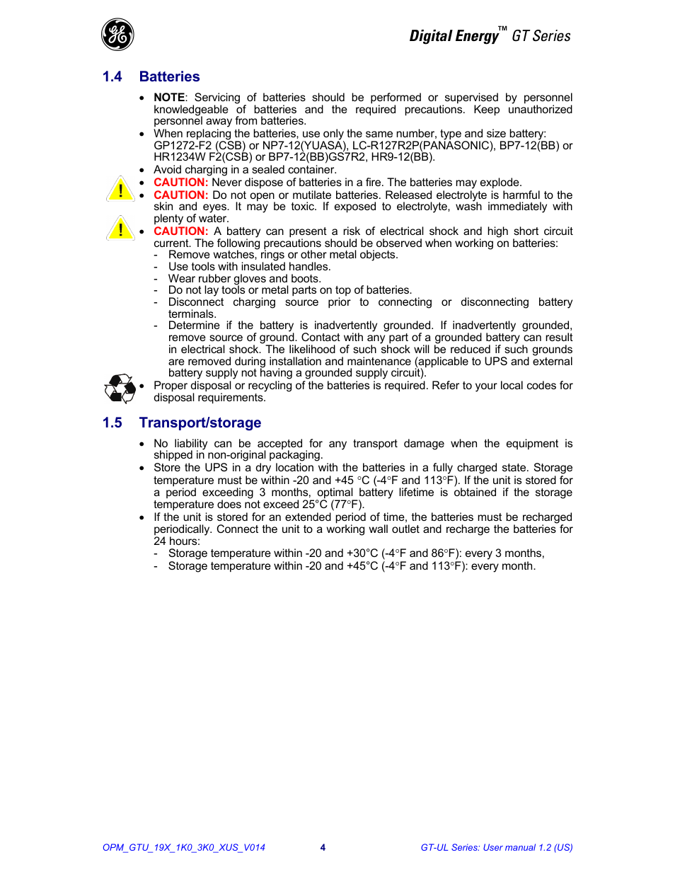 Digital energy, Gt series, 4 batteries | 5 transport/storage | GE Industrial Solutions Digital Energy GT Series 1-3kVA - Rack Mount User Manual | Page 5 / 21