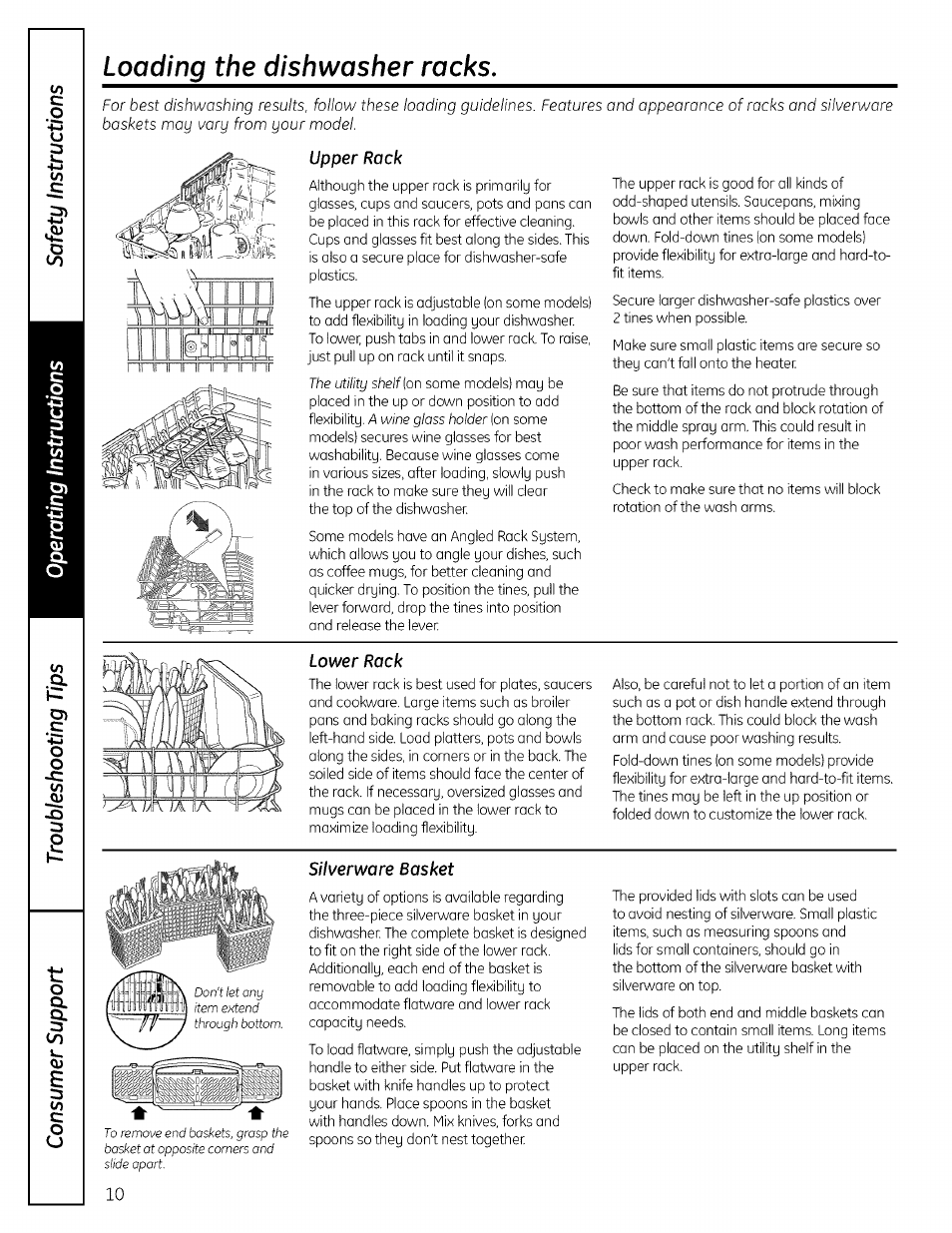 Upper rack, Lower rock, Silverware basket | Loading the dishwasher racks | GE PROFILE PDW7000 User Manual | Page 10 / 16