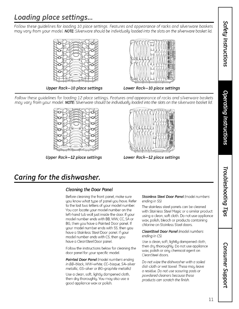 Cleaning the door panel, Loading place settings, Caring for the dishwasher | GE PROFILE PDW7000 User Manual | Page 11 / 16