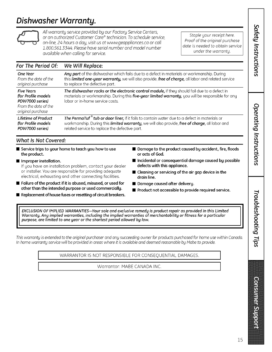 Whot is not covered, Dishwasher warranty | GE PROFILE PDW7000 User Manual | Page 15 / 16