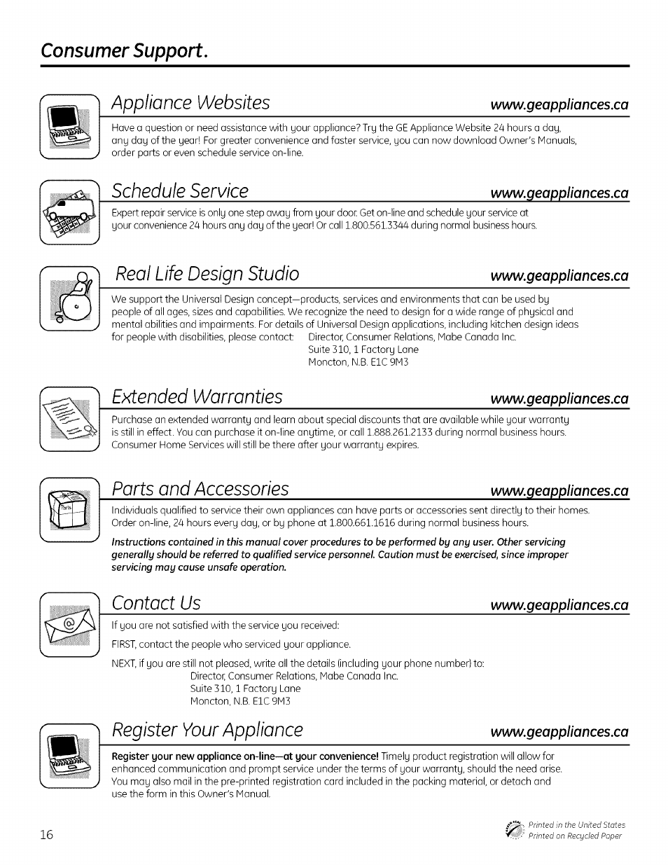 Appliance websites, Schedule service, Real life design studio | Extended warranties, Parts and accessories, Register your appliance, Contact us, Consumer support | GE PROFILE PDW7000 User Manual | Page 16 / 16