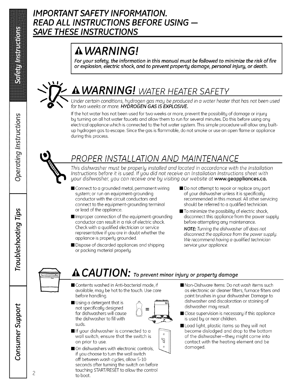 A warning, A warning! water heater safety, Proper installation and maintenance | Acaution, Warning, Water heater safety | GE PROFILE PDW7000 User Manual | Page 2 / 16
