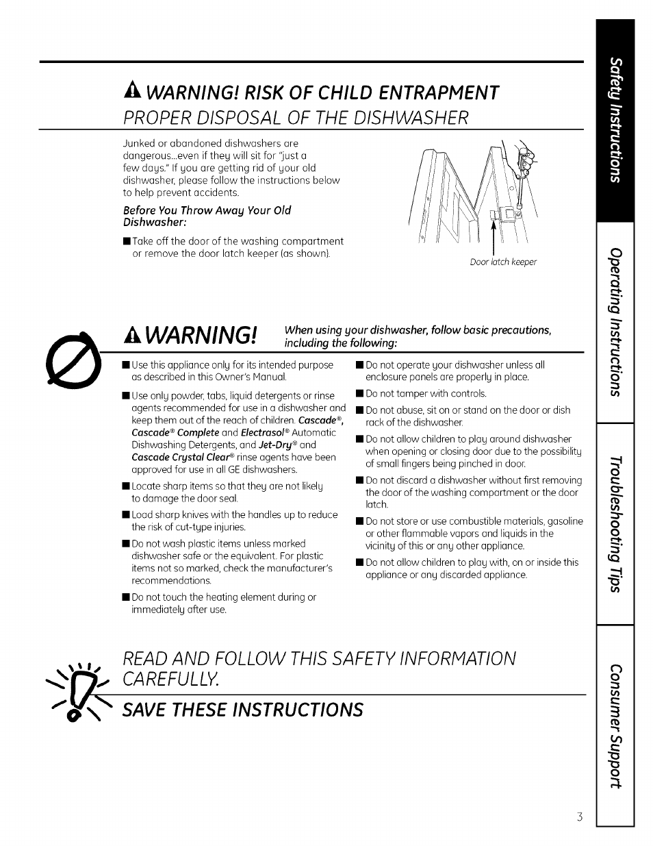 Proper disposal of the dishwasher, A warning, Read and follow this safety information carefully | Warning! risk of child entrapment, Save these instructions | GE PROFILE PDW7000 User Manual | Page 3 / 16