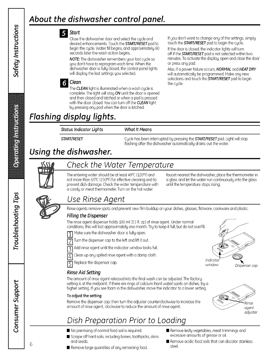 Start, I clean, Check the water temperature | Use rinse agent, Filling the dispenser, Rinse aid setting, Dish preparation prior to loading, About the dishwasher control panel, Flashing display lights, Using the dishwasher | GE PROFILE PDW7000 User Manual | Page 6 / 16