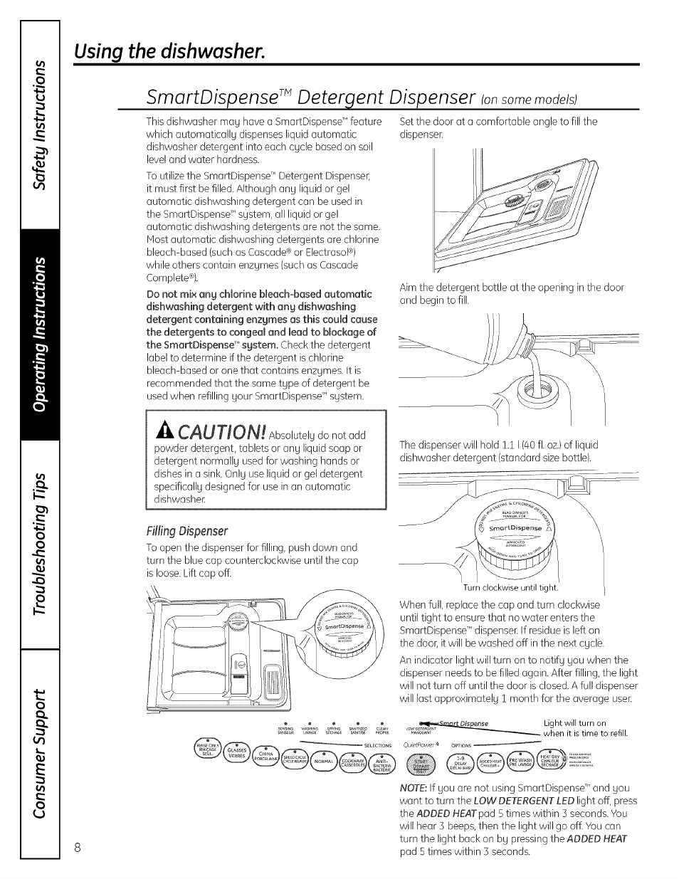 Using the dishwasher, Smartpispense^^ detergent dispenser, Caution | On some models) | GE PROFILE PDW7000 User Manual | Page 8 / 16