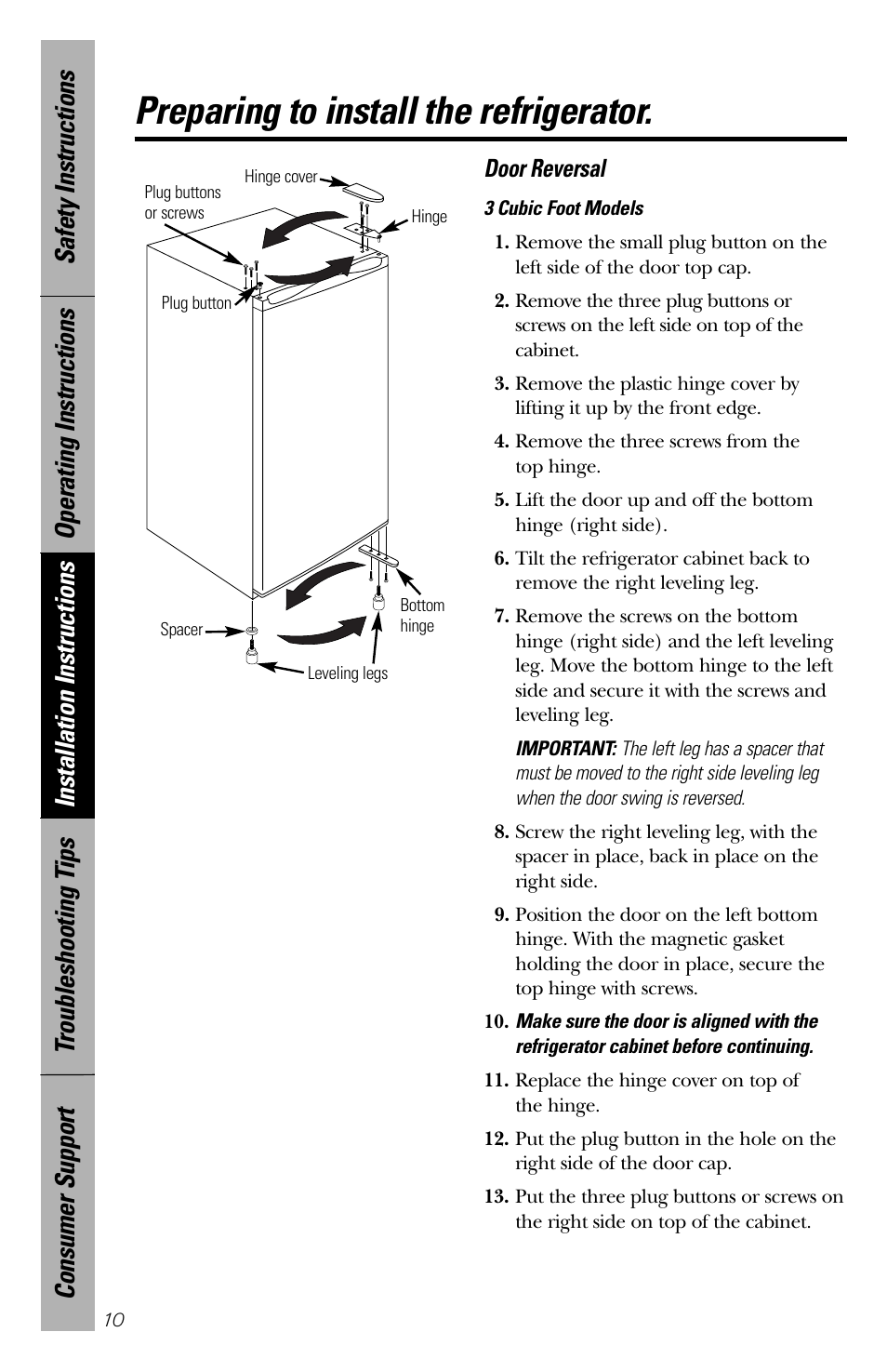 Preparing to install the refrigerator, Door reversal | GE 49-60188-1 User Manual | Page 10 / 16