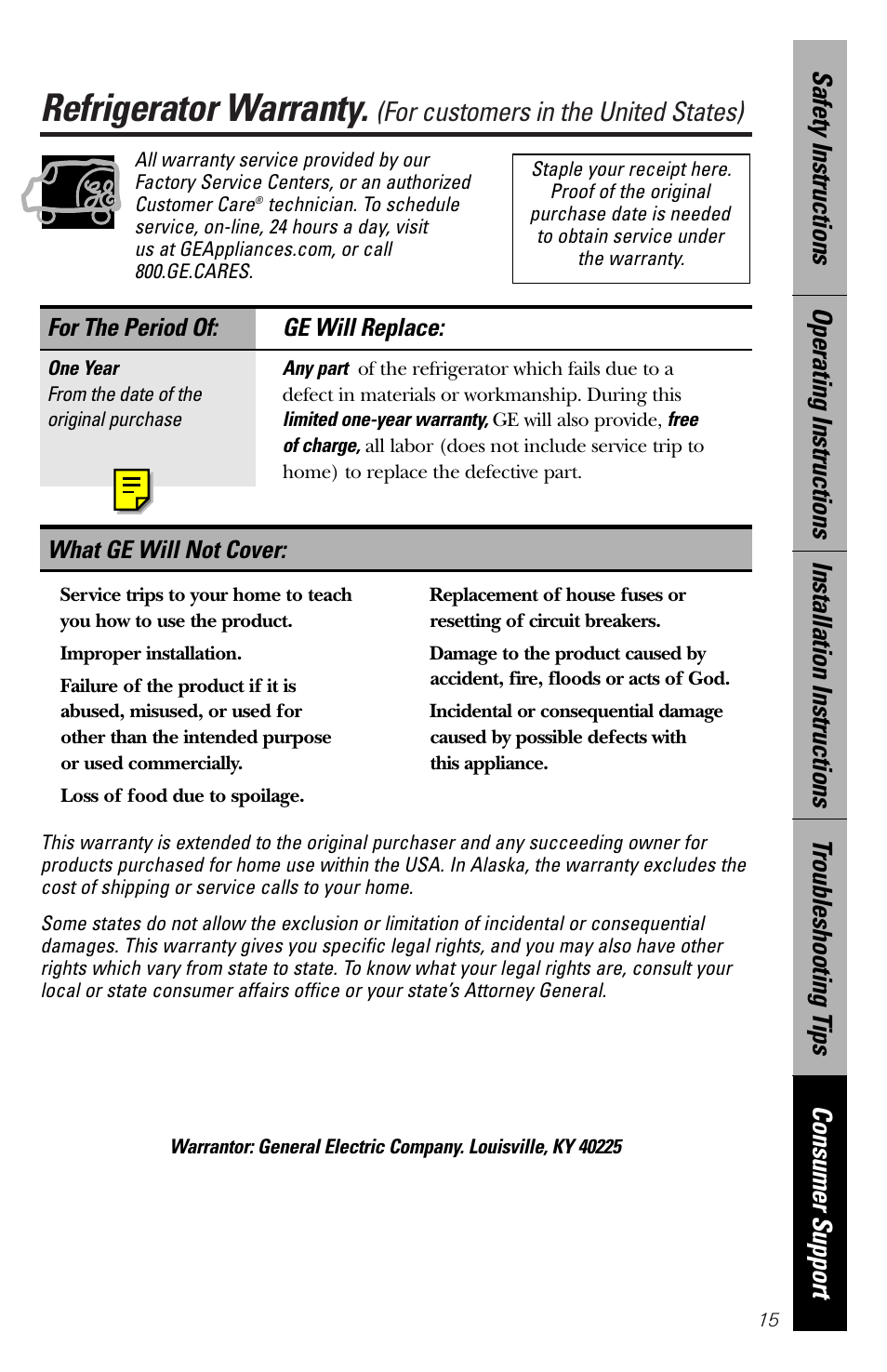 Warranty, Refrigerator warranty, For customers in the united states) | For the period of: ge will replace, What ge will not cover | GE 49-60188-1 User Manual | Page 15 / 16