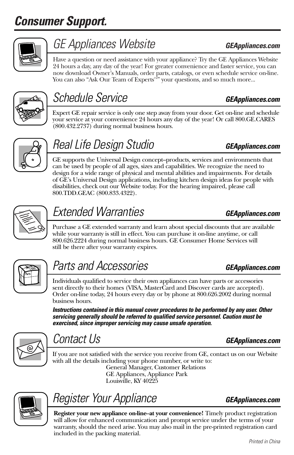Consumer support, Consumer support . .back cover, Consumer support. ge appliances website | Schedule service, Real life design studio, Extended warranties, Parts and accessories, Contact us, Register your appliance | GE 49-60188-1 User Manual | Page 16 / 16