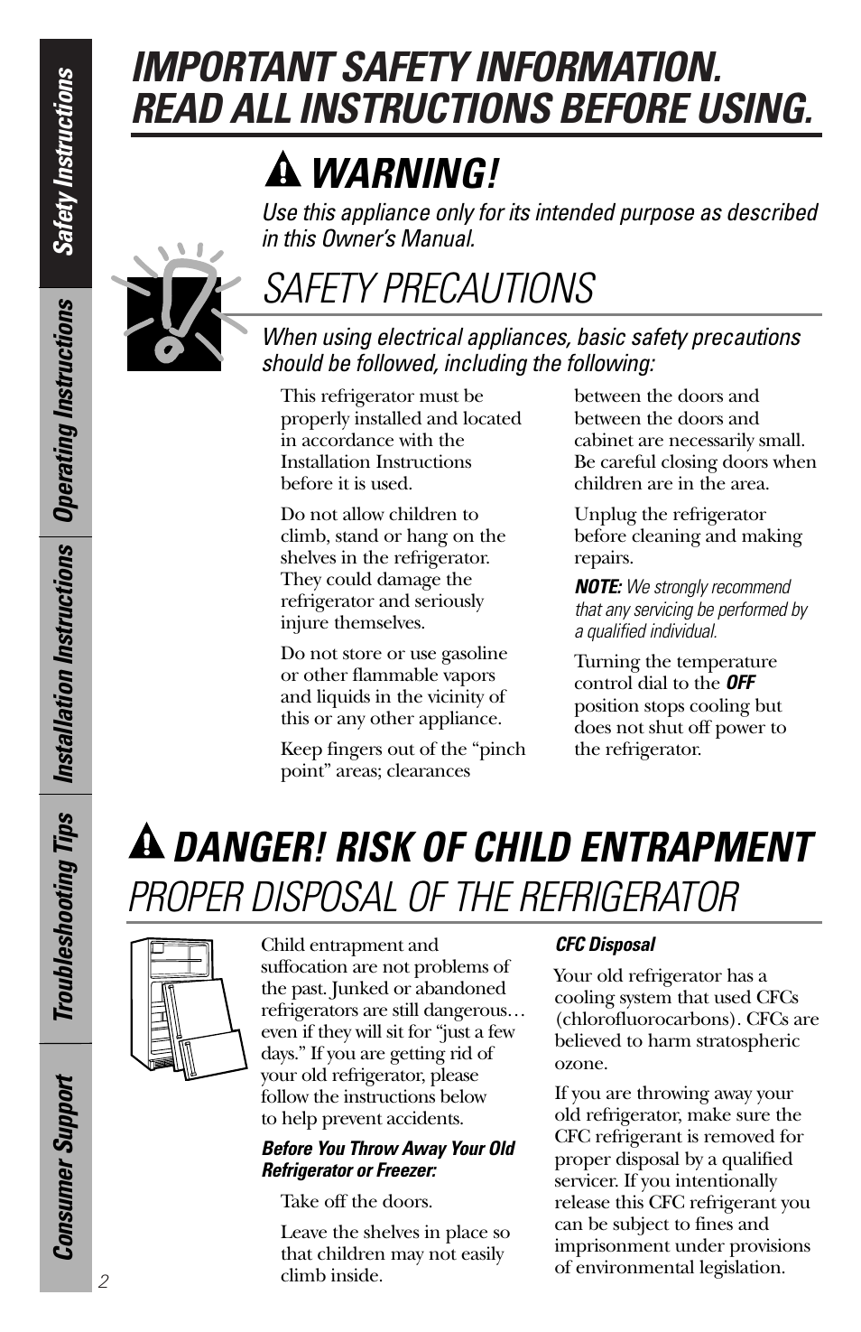 Safety information, Danger! risk of child entrapment, Warning | Safety precautions, Proper disposal of the refrigerator | GE 49-60188-1 User Manual | Page 2 / 16