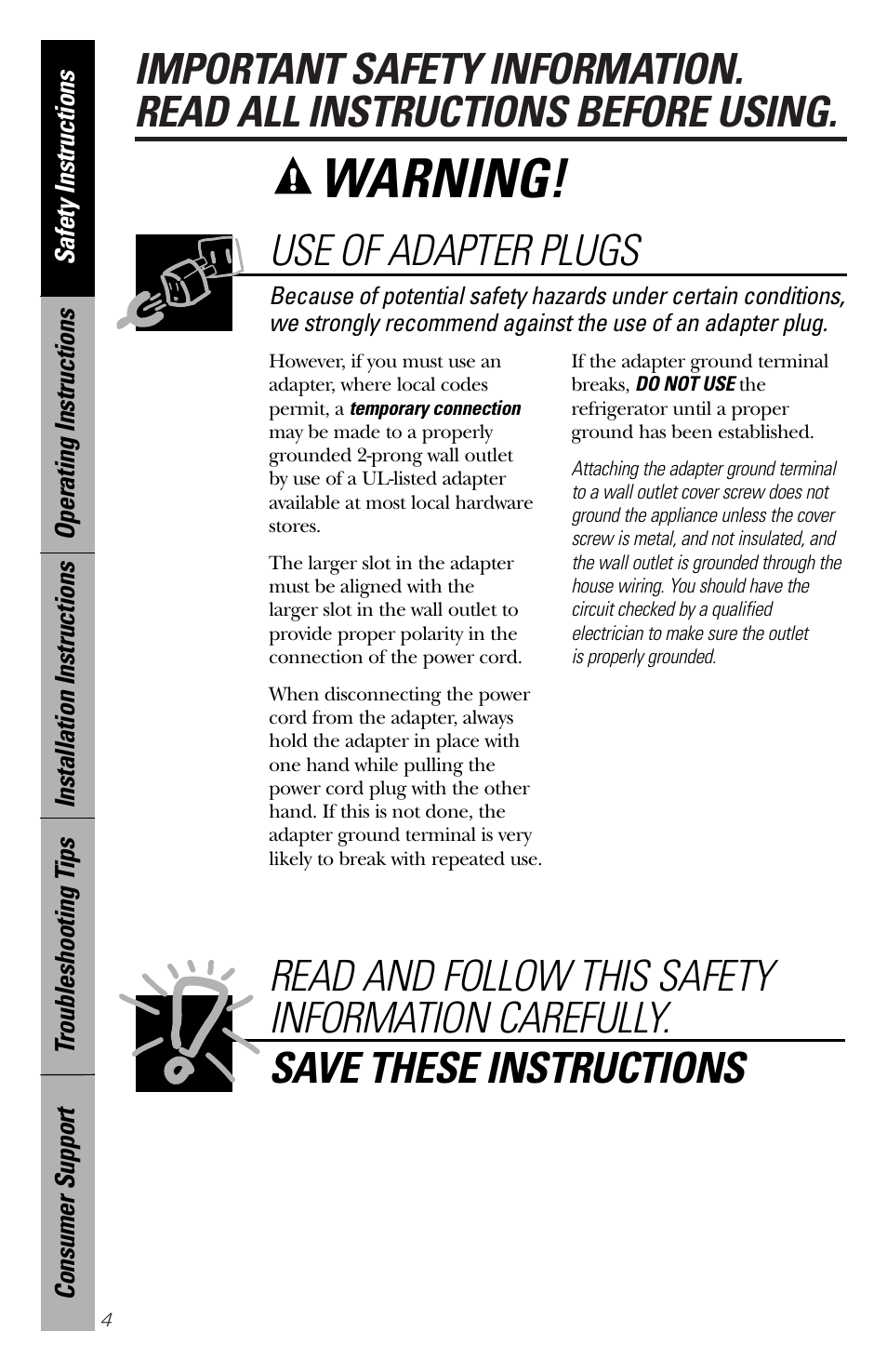 Warning, Use of adapter plugs | GE 49-60188-1 User Manual | Page 4 / 16
