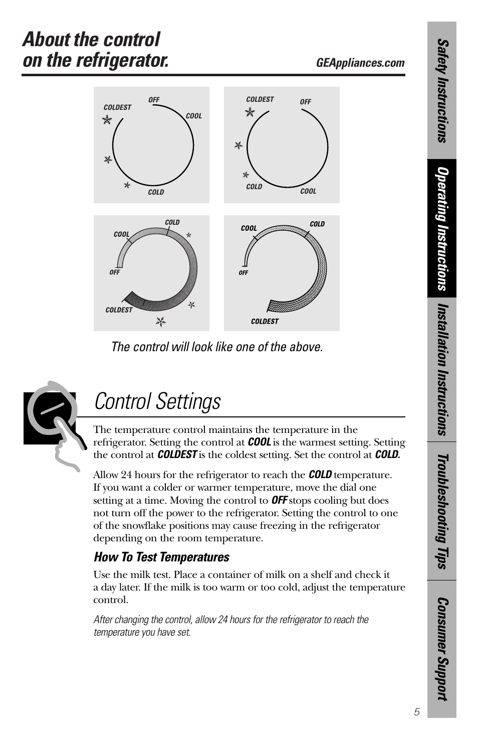 Control settings, About the control on the refrigerator, How to test temperatures | The control will look like one of the above | GE 49-60188-1 User Manual | Page 5 / 16