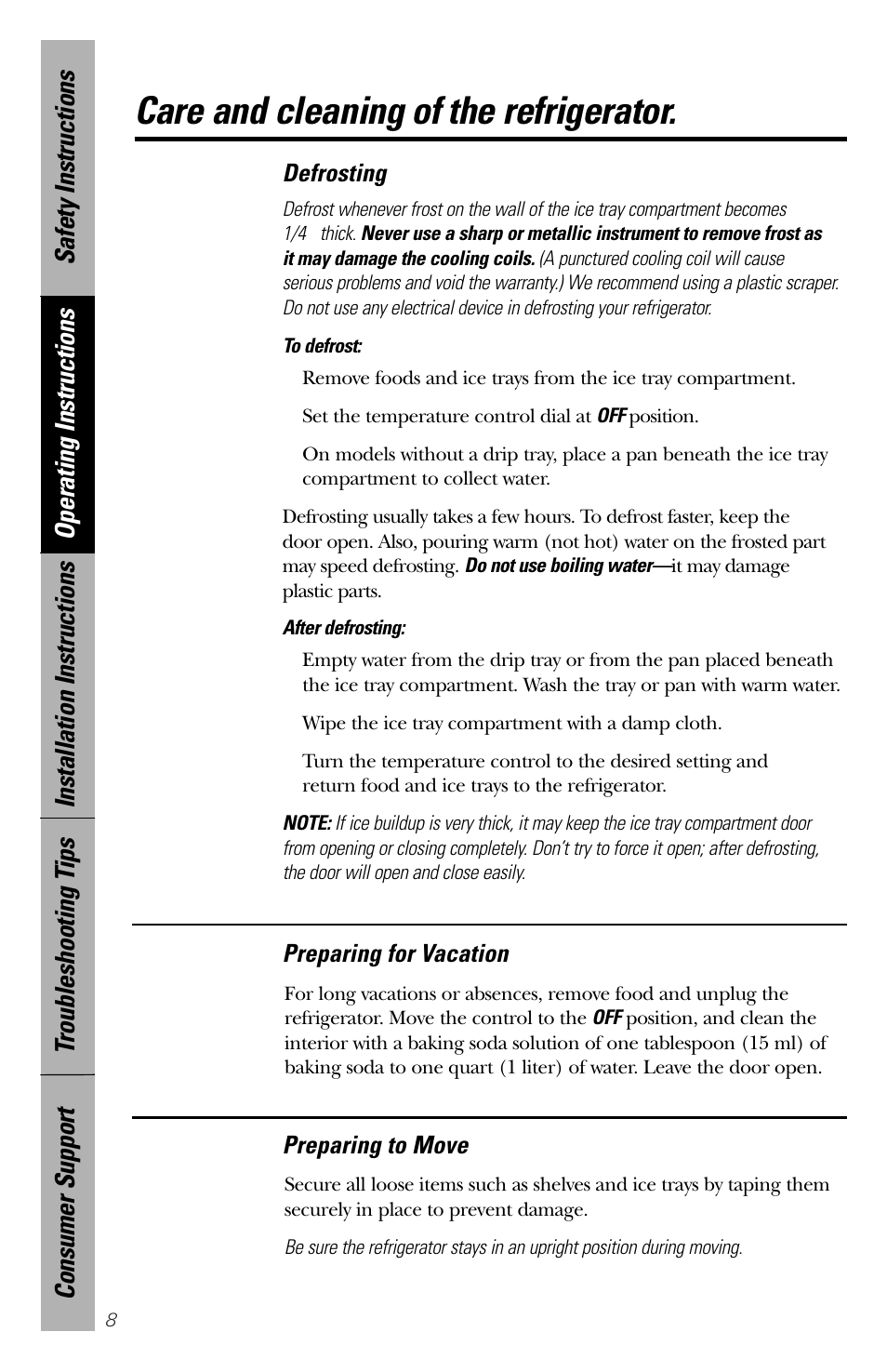 Care and cleaning of the refrigerator, Preparing for vacation, Preparing to move | Defrosting | GE 49-60188-1 User Manual | Page 8 / 16
