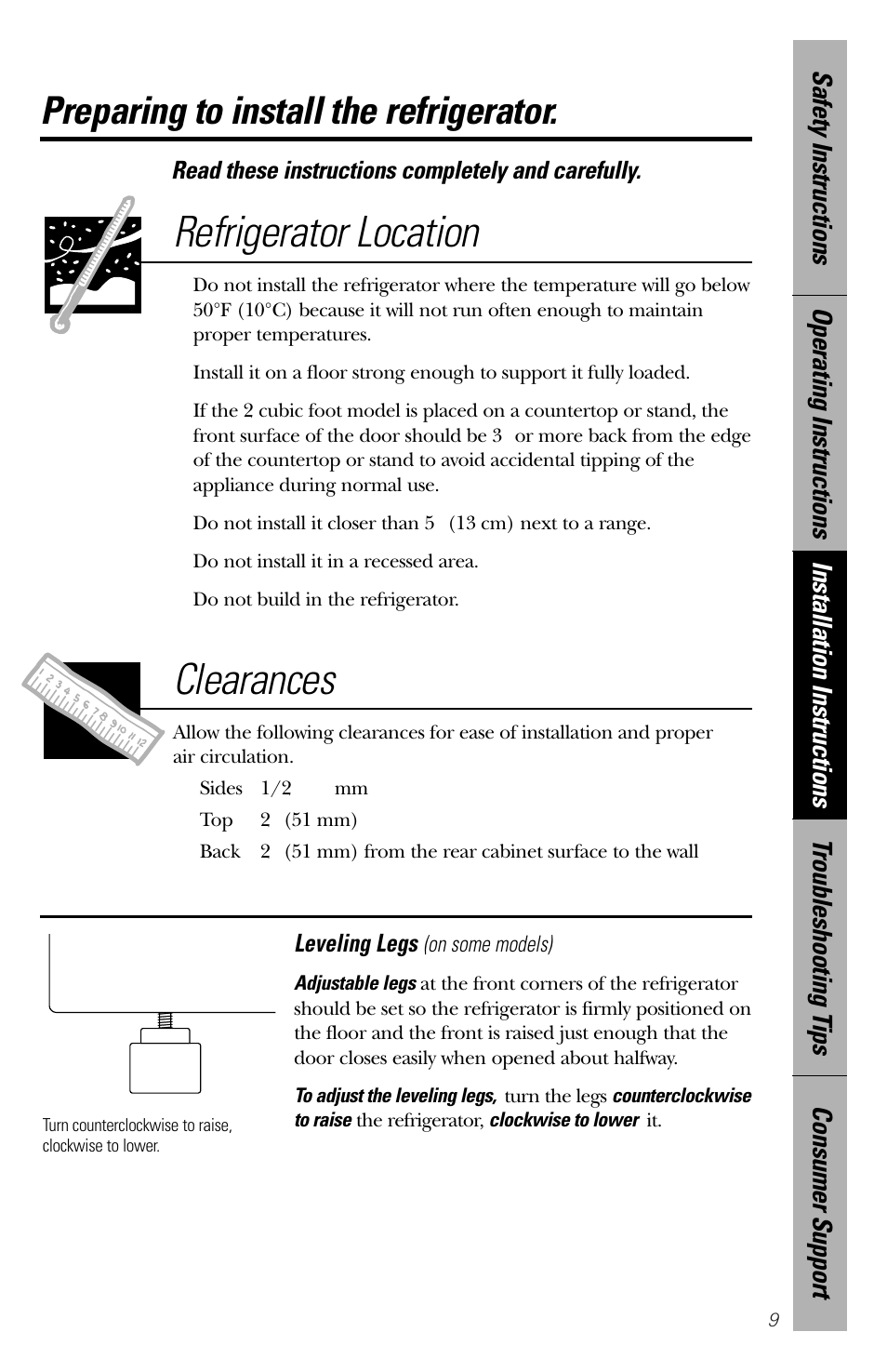 Installation instructions, Refrigerator location, Clearances | Preparing to install the refrigerator, Read these instructions completely and carefully | GE 49-60188-1 User Manual | Page 9 / 16